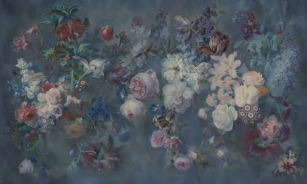 Фотообои и фрески на стену - цветы, хейсум, цветочная поляна, яркие, розовая, серо-синяя