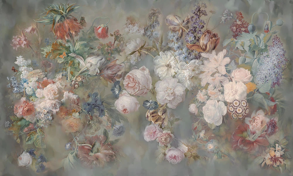 Фотообои на стену - цветы, хейсум, цветочная поляна, розовая, серо-бежевая