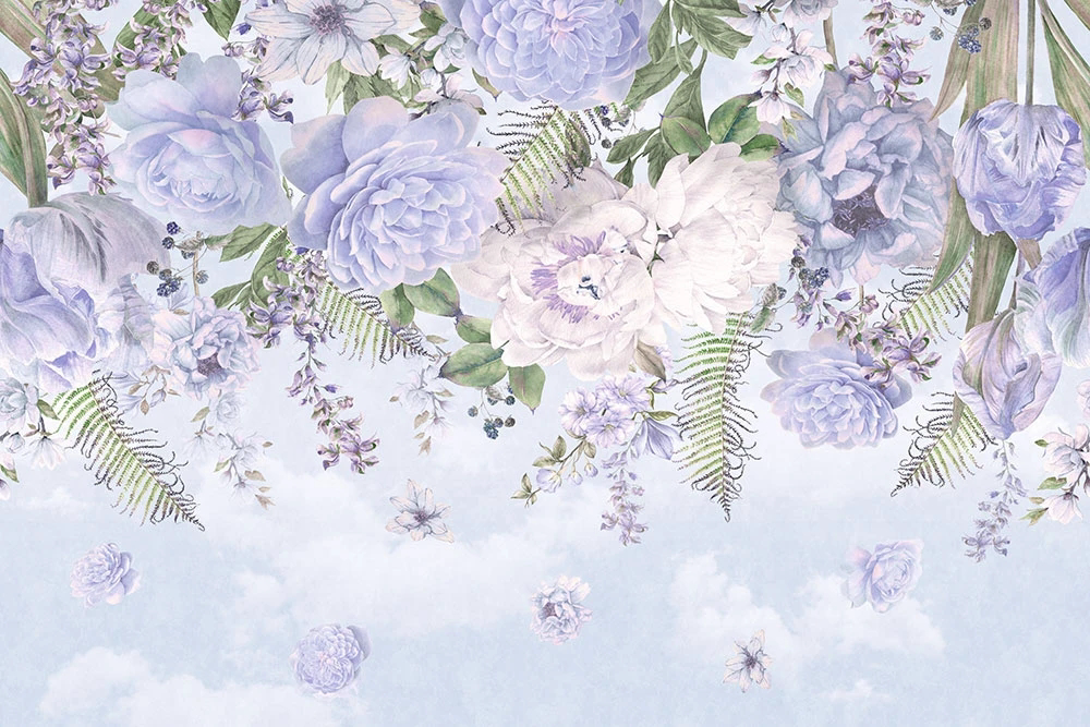Фотообои и фрески на стену - цветы, пионы, голубая, белые, сиреневая