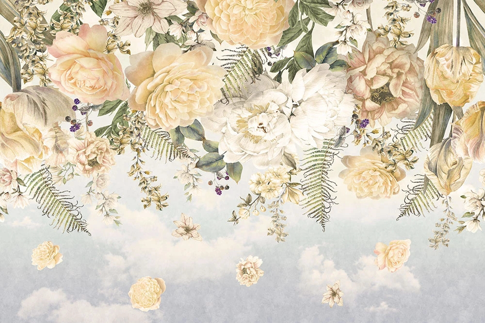 Фотообои и фрески на стену - цветы, пионы, кремовая, голубая, цвета чайной розы