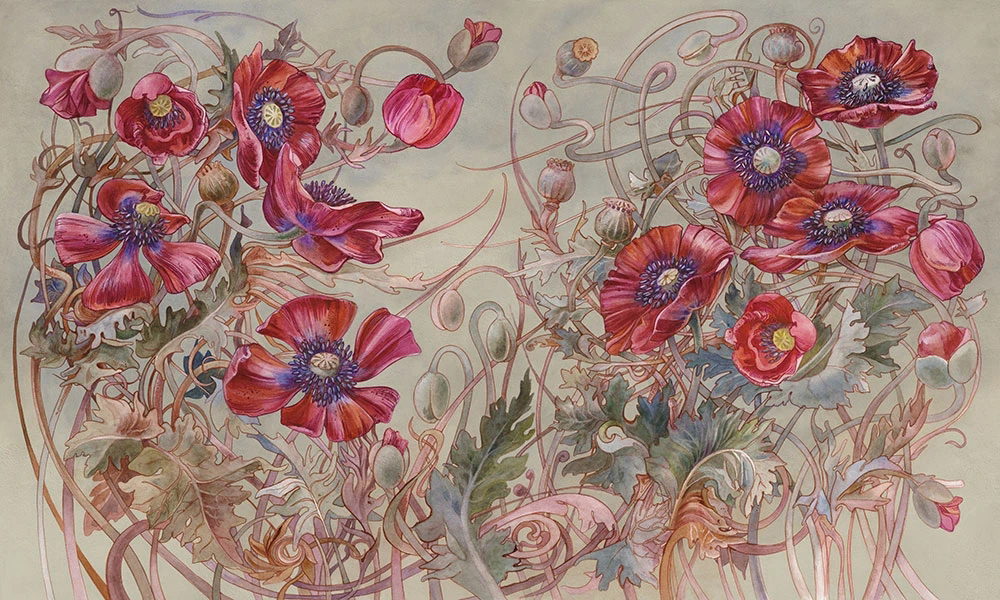 Фотообои и фрески на стену - цветы, маки, красные, на бежевом фоне