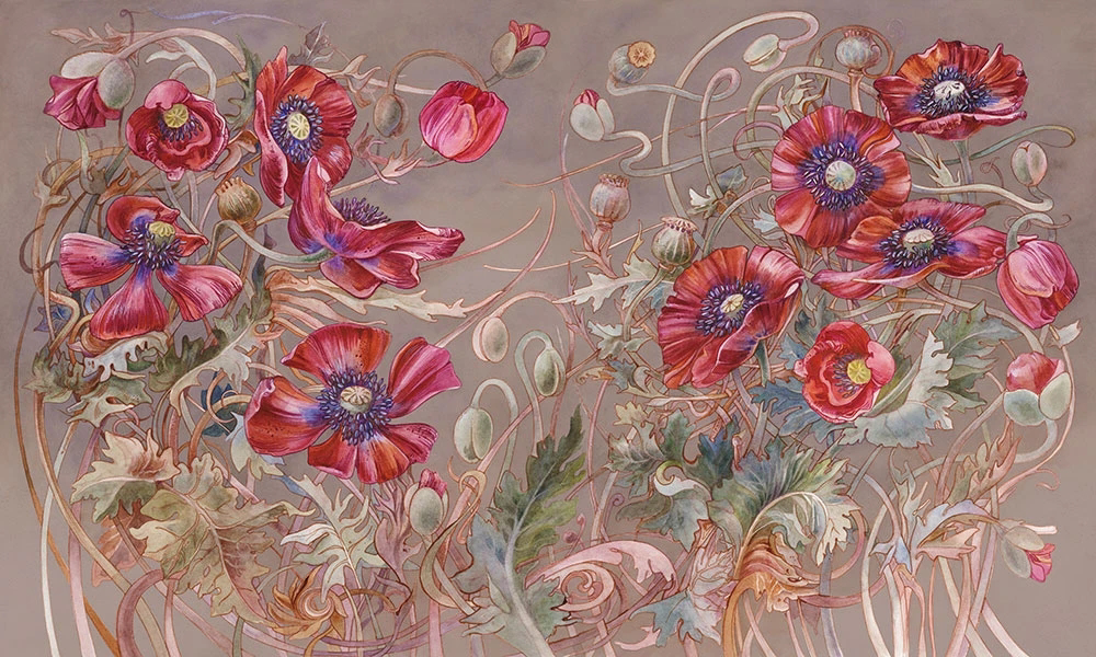 Фотообои и фрески на стену - цветы, маки, на серо-коричневом фоне