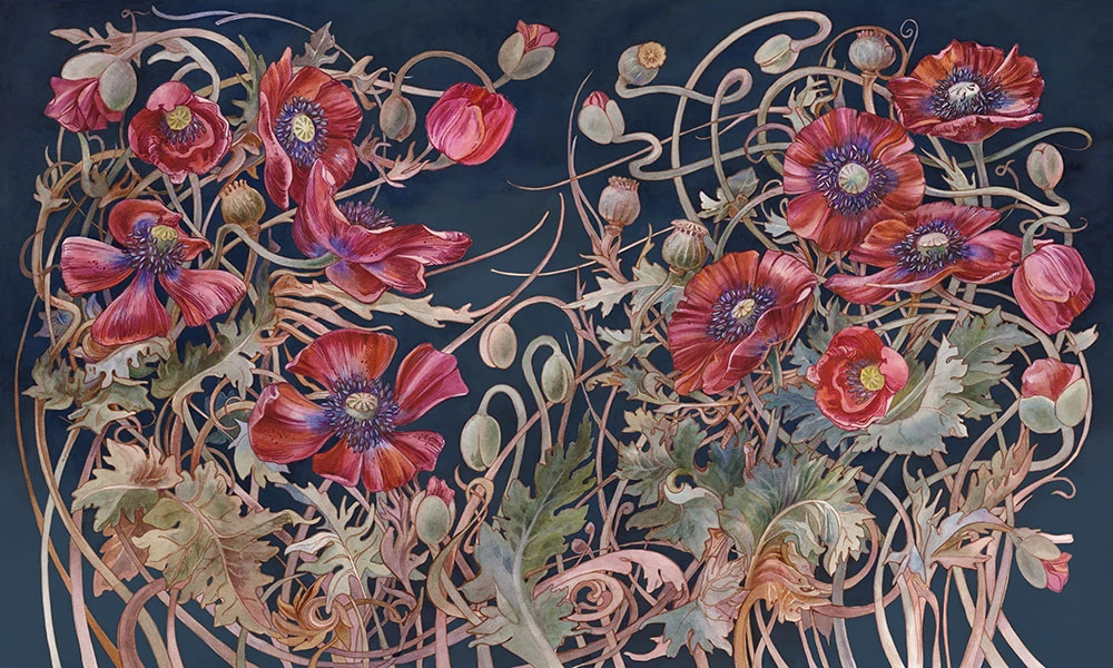 Фотообои и фрески на стену - цветы, маки, красные, на черном фоне