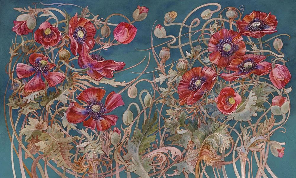 Фотообои на стену - цветы, маки, красные, на темно бирюзовом фоне