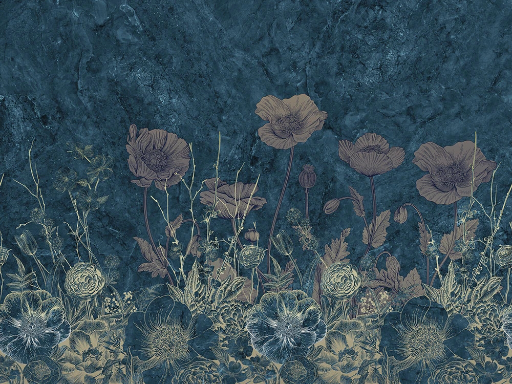 Фотообои и фрески на стену - цветы, маки, бежевая, темно зеленая