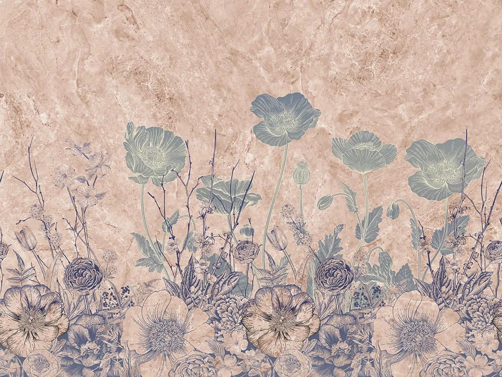 Фотообои и фрески на стену - цветы, маки, серо-зеленые, бежевые