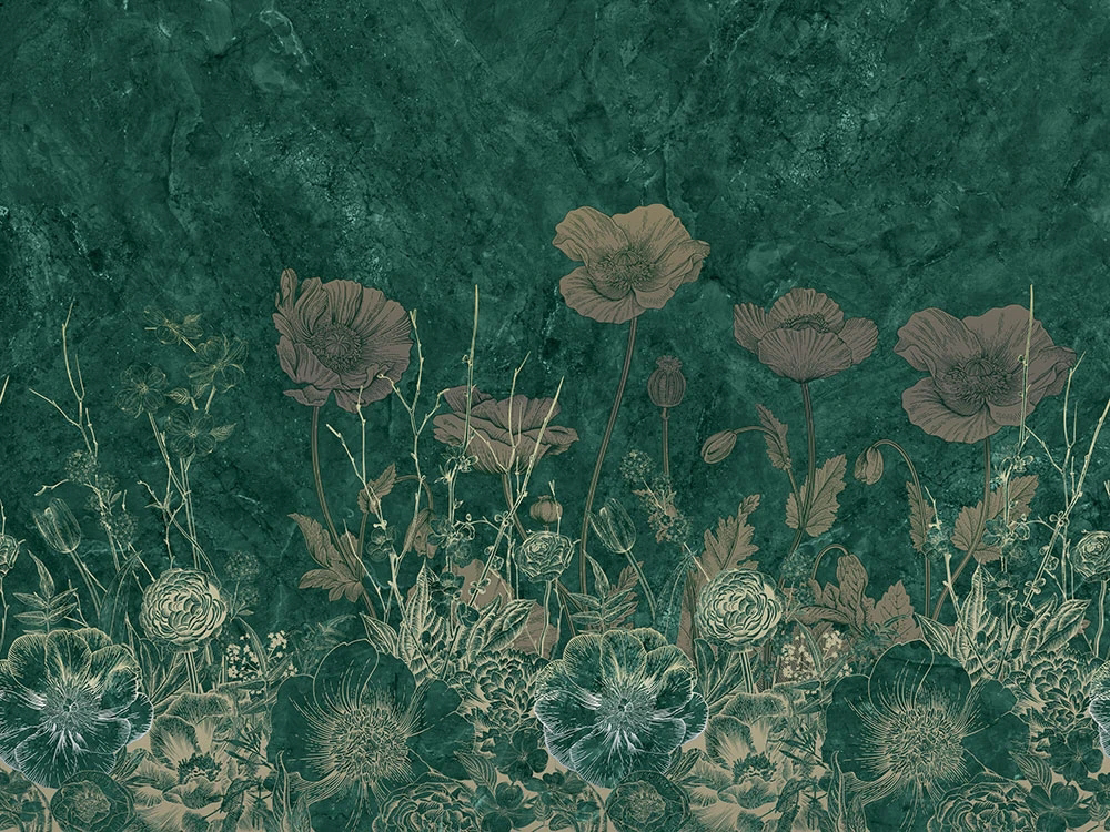 Фотообои и фрески на стену - цветы, маки, бежевая, ярко зеленая