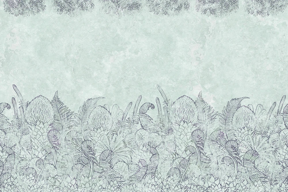 Фотообои и фрески на стену - графика, листья, цветы, серо-зеленая