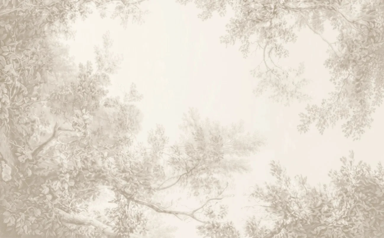 Фотообои и фрески на стену - пейзаж, бежевые, ветки, деревья, листья, дерево на стену, деревья в тумане, деревья сепия