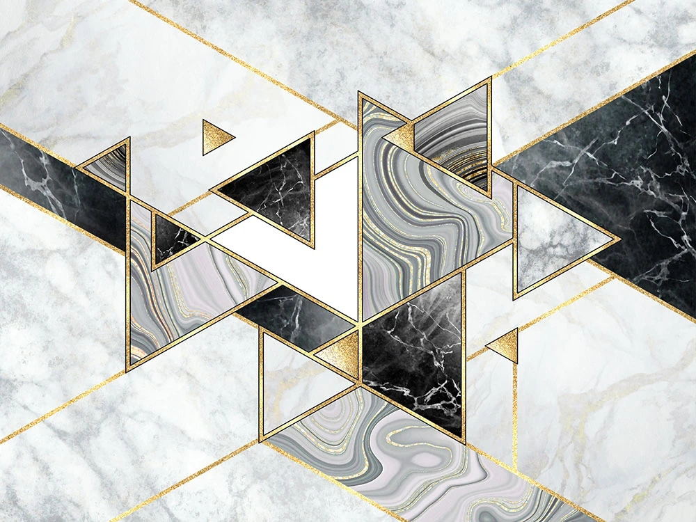 Фотообои и фрески на стену - геометрия, треугольники, черно-серая, золотые линии