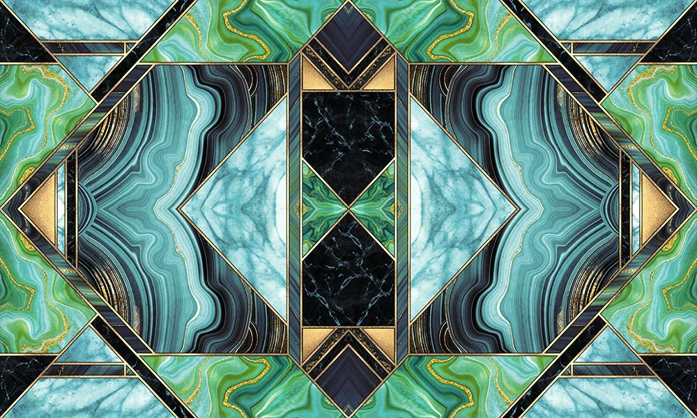 Фотообои и фрески на стену - геометрия, треугольники, зеленая, голубая, мрамор