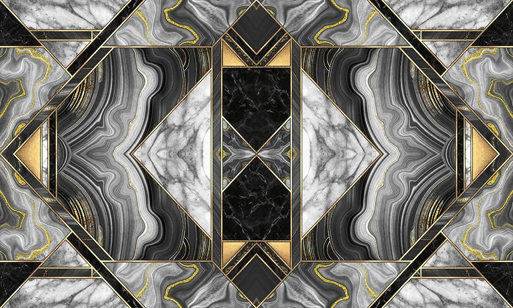 Фотообои и фрески на стену - геометрия, в ванную комнату, под мрамор, черно-серая, золотые линии