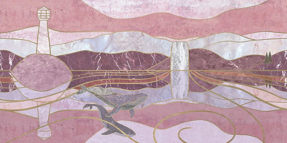 Фотообои на стену - абстракция, серо-розовая, витраж, золотые линии