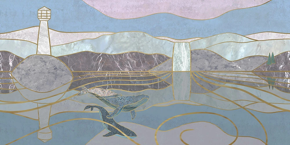 Фотообои на стену - абстракция, розово-голубая, витраж, золотые линии