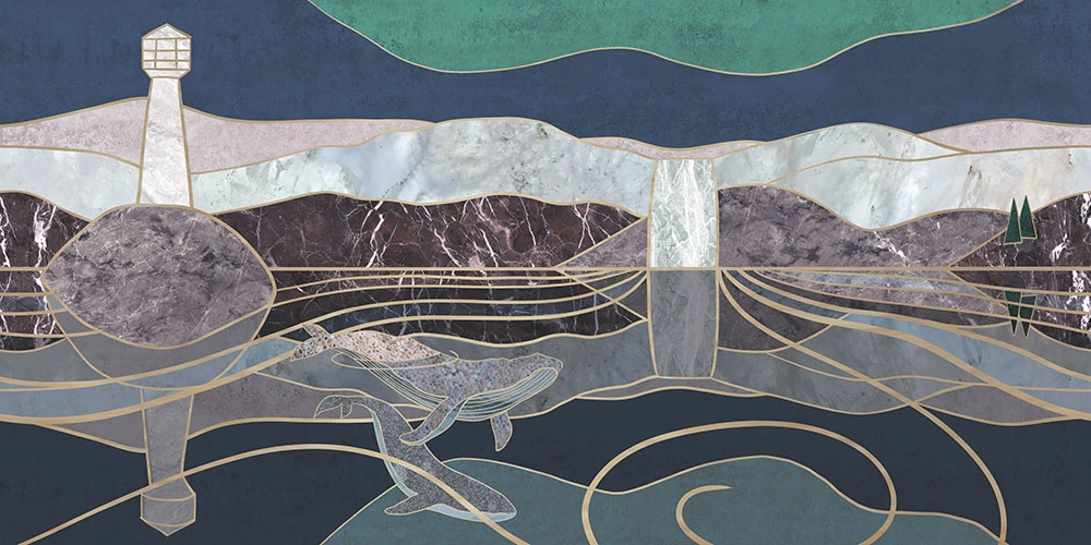 Фотообои на стену - абстракция, витраж, серо-синяя, золотые линии