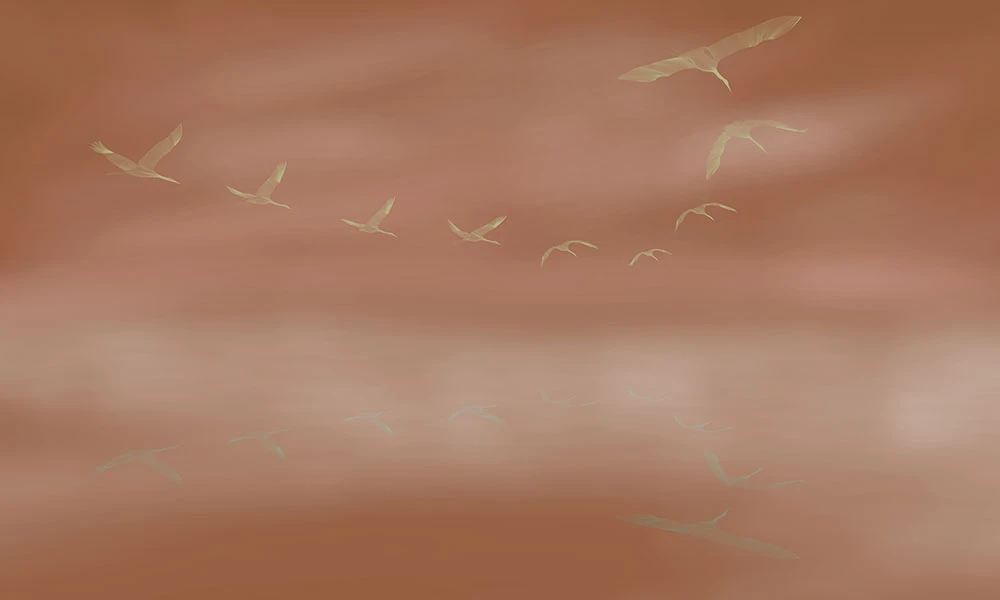 Фотообои и фрески на стену - графика, птицы, журавли, небо, коричневая