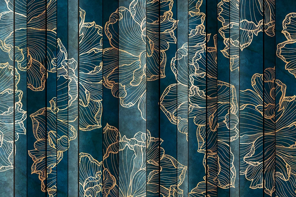 Фотообои и фрески на стену - цветы, узор, золотые линии, темно синий