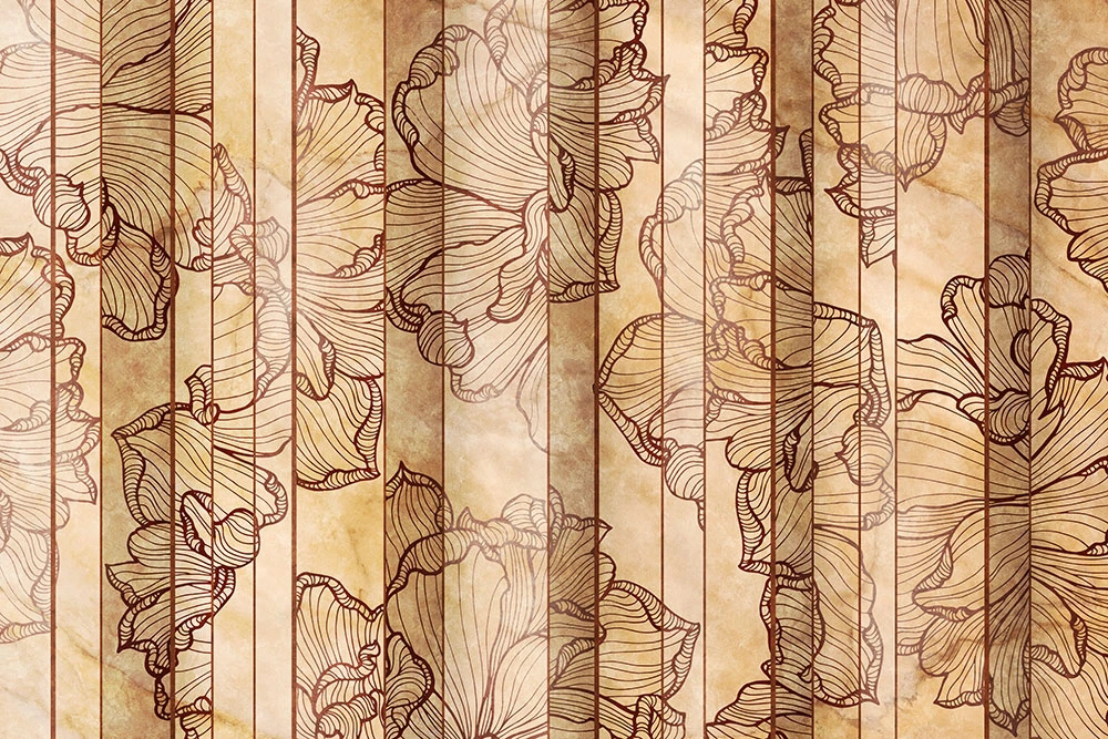 Фотообои и фрески на стену - цветы, узор, коричневые линии, желто-коричневая
