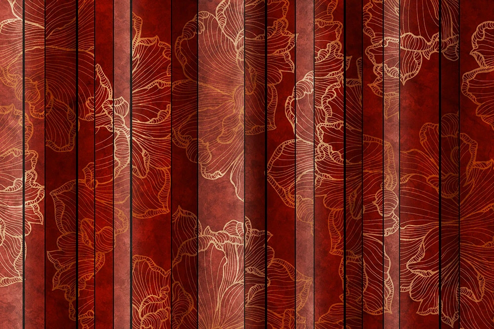 Фотообои и фрески на стену - цветы, узор, белые линии, бордовая