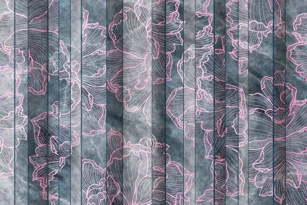 Фотообои и фрески на стену - цветы, графика, узор, сиреневые линии, серо-синяя