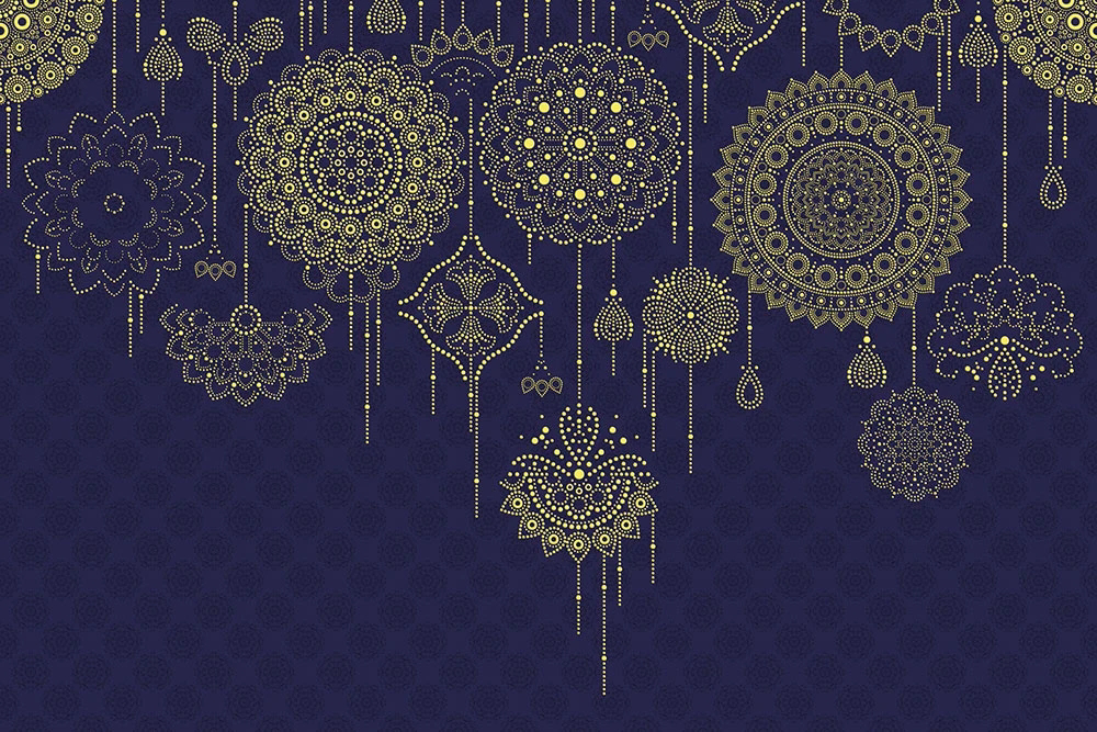 Фотообои и фрески на стену - графика, золотые узоры, мандалы, синяя
