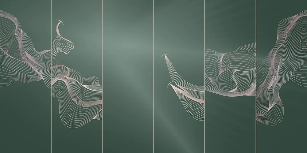 Фотообои и фрески на стену - графика, розовые линии, зеленая, вертикальные линии