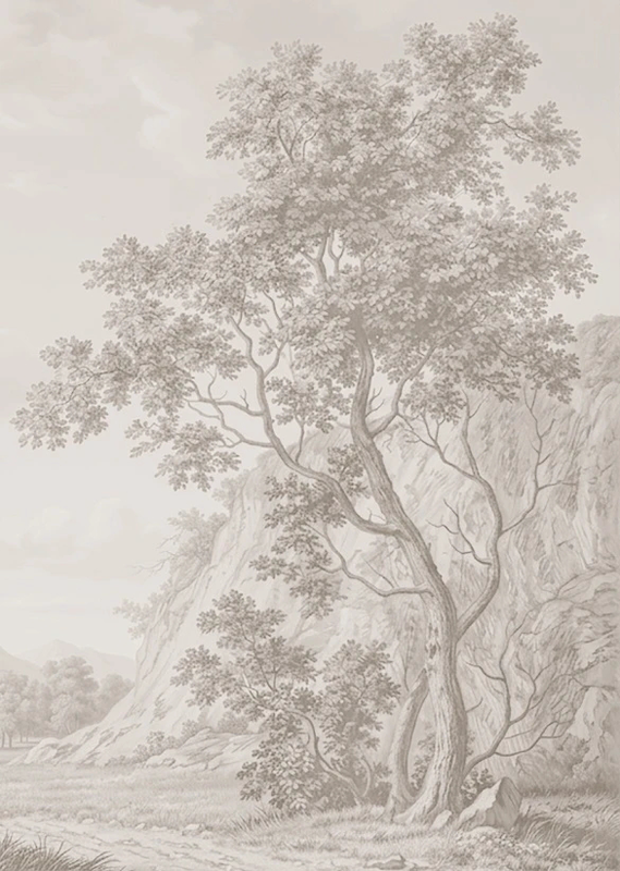 Фотообои на стену - пейзаж, бежевые, вертикальные, дерево, на стену пейзаж, вертикальные пейзаж, деревья, дерево на стену, деревья в тумане, деревья сепия, поле дерево