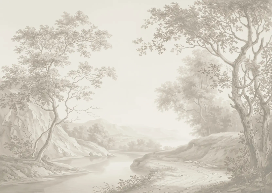 Фотообои на стену - пейзаж, бежевые, на стену пейзаж, деревья, дерево на стену, деревья сепия, река дерево, река, деревья бежевые, с деревьями