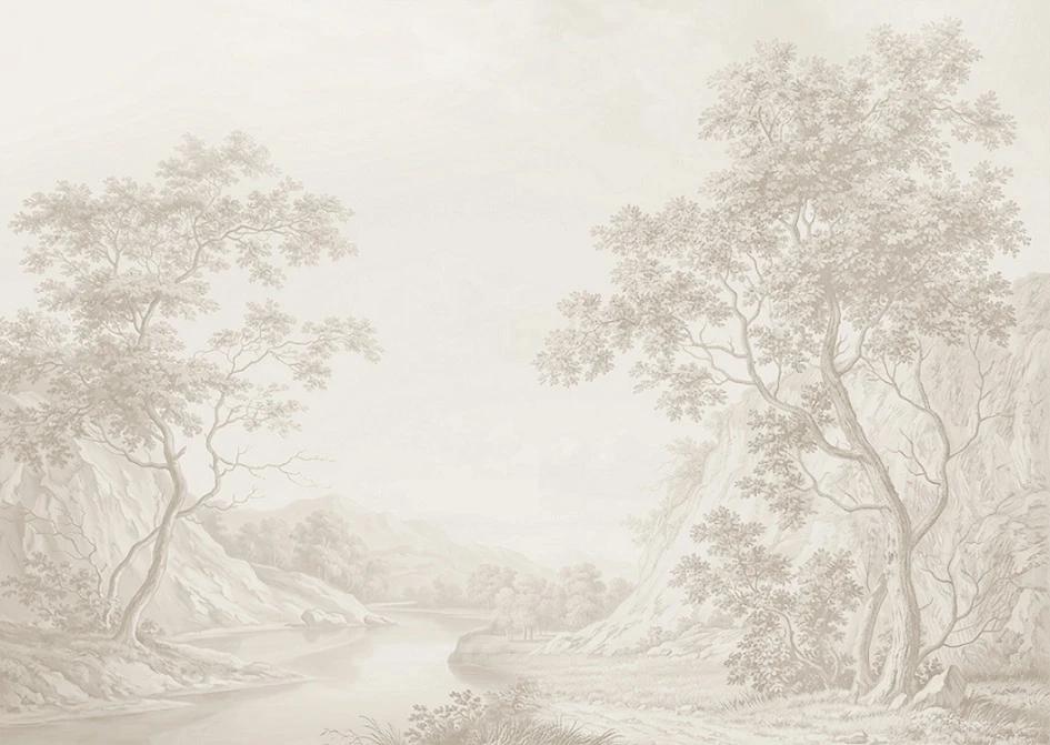 Фотообои и фрески на стену - пейзаж, бежевые, деревья, дерево на стену, деревья в тумане, деревья сепия, серый лес, лес бежевые, поле дерево