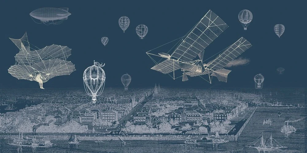 Фотообои на стену - графика, белые линии, дирижабль, в детскую комнату, темно бирюзовая
