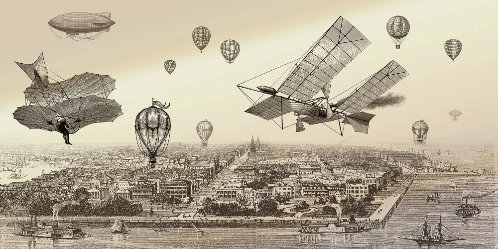 Фотообои на стену - графика, город, дирижабль, серо-бежевая