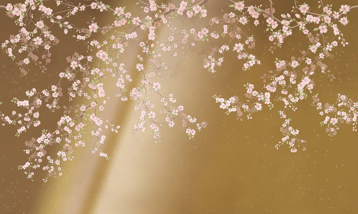 Фотообои и фрески на стену - цветы, ветки, яблоня, сакура, свисающие, темно коричневая