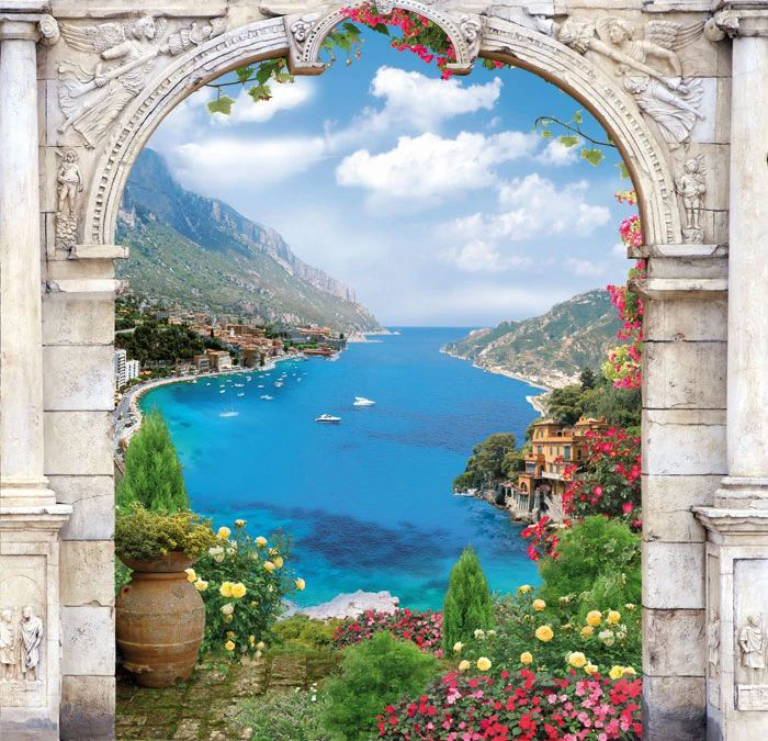 Фотообои и фрески на стену - арка, с морем, с цветами