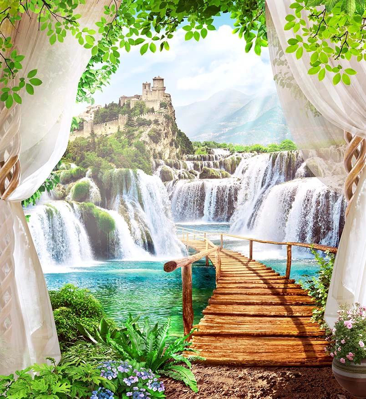 Фотообои и фрески на стену - пейзаж, окно, водопады, горы