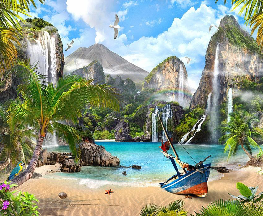 Фотообои и фрески на стену - пейзаж, скалы, водопады, озеро