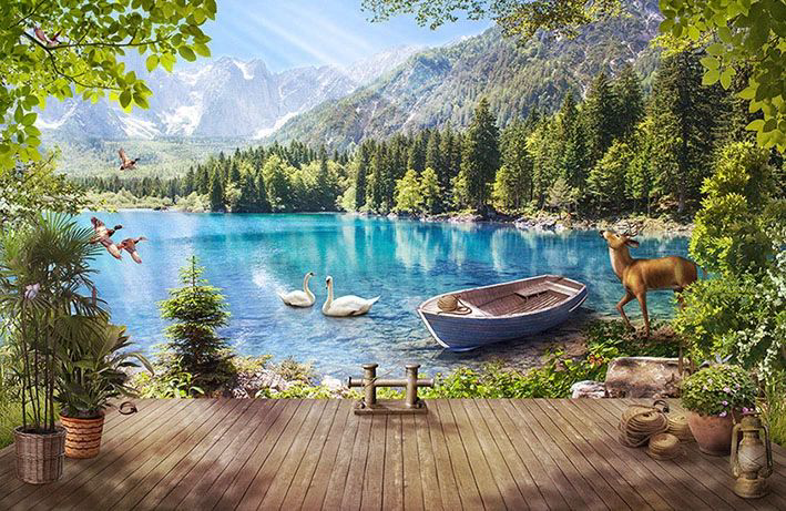 Фотообои и фрески на стену - пейзаж, озеро, лодка