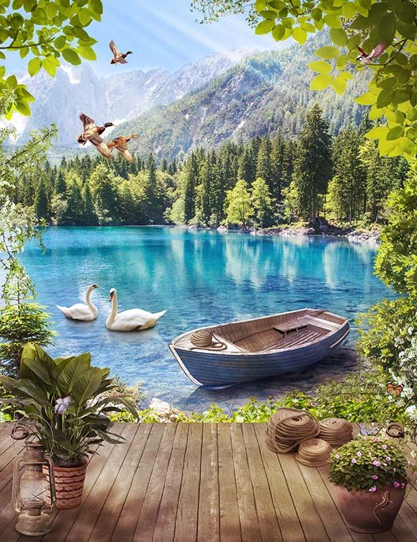 Фотообои и фрески на стену - пейзаж, озеро, лебеди, лодка