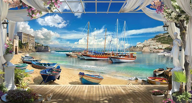 Фотообои и фрески на стену - пейзаж, морской, с лодками