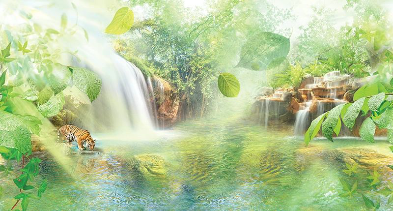 Фотообои и фрески на стену - пейзаж, зеленый, с водопадами