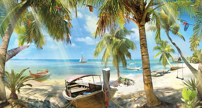 Фотообои и фрески на стену - пейзаж, море, пальмы, лодка
