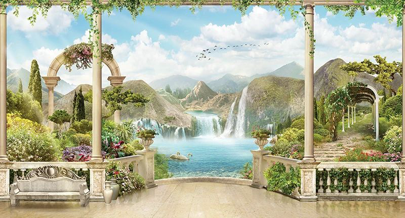 Фотообои и фрески на стену - пейзаж, с колоннами, с водопадом, с озером