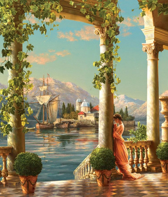 Фотообои и фрески на стену - арка, море, корабль, терраса