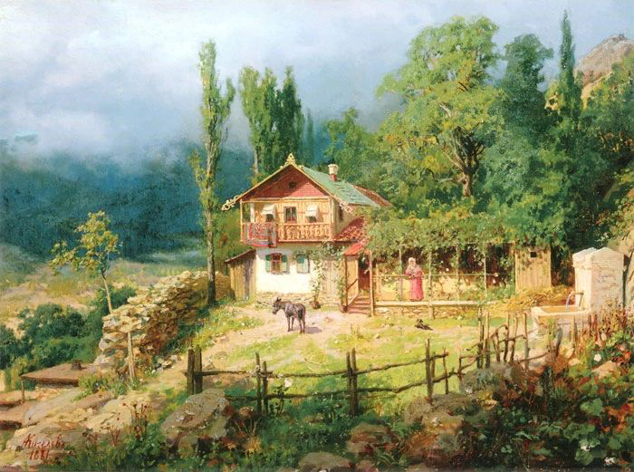 Фотообои и фрески на стену - живопись, домик, пейзаж