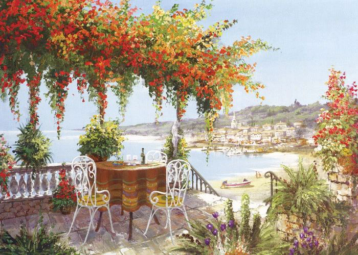 Фотообои и фрески на стену - живопись, море, пейзаж, стол, терраса