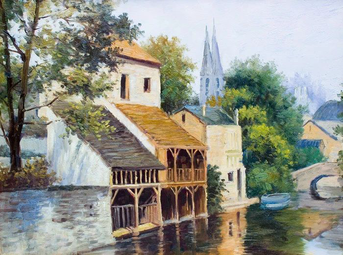 Фотообои и фрески на стену - живопись, улочки, дома, река
