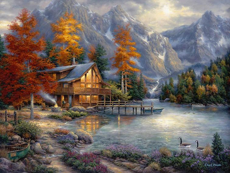 Фотообои и фрески на стену - живопись, японская, река, дом, горы, деревья, оранжевая