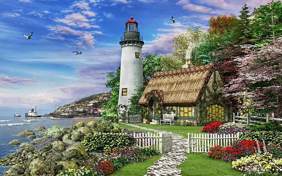 Фотообои и фрески на стену - живопись, море, маяк