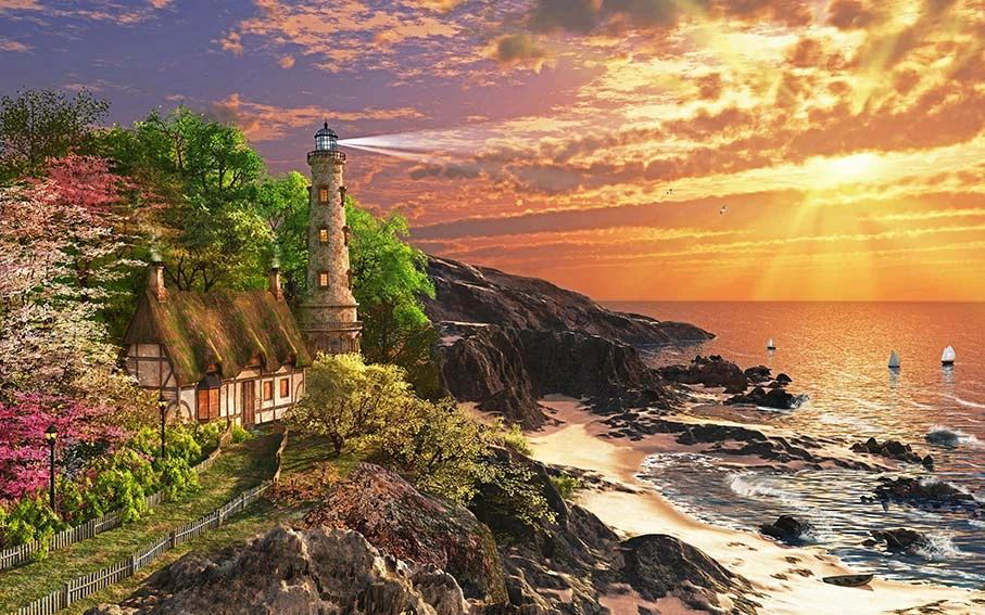 Фотообои и фрески на стену - живопись, море, закат, маяк