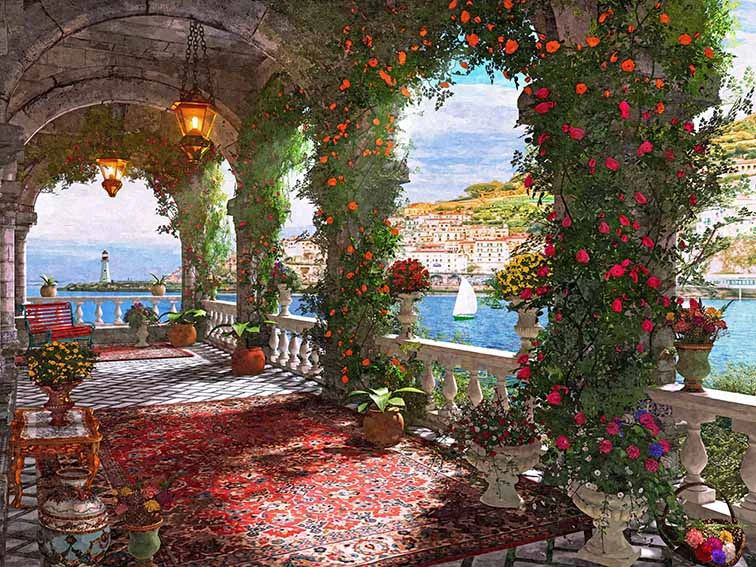 Фотообои и фрески на стену - живопись, арка, пейзаж, с цветами