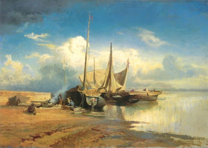 Фотообои и фрески на стену - пейзаж, море, берег, корабли, живопись